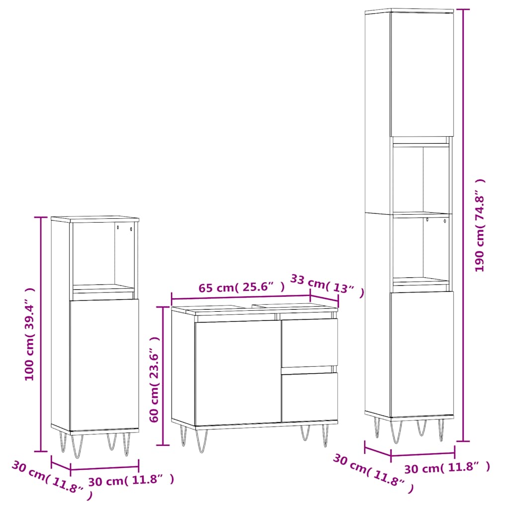 3 Piece Bathroom Furniture Set Smoked Oak Wood Based Material