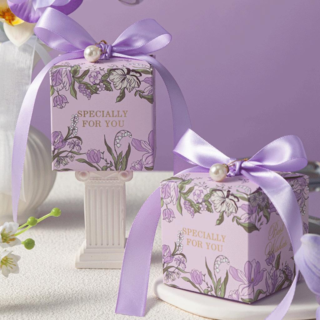 European Style Floral Wedding Candy Gift Box Wedding Favor Candy Box Gift Packaging Box with Bow Ribbon Pearl Party Paper Box
