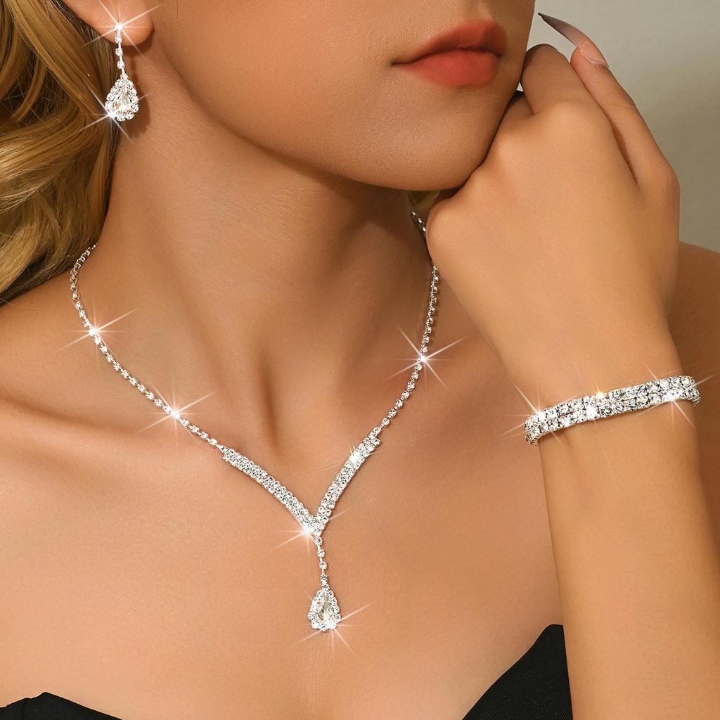 Bridal Wedding Accessories Necklace Bracelet Earrings Ring Set Chain Women'S Four-Piece Rhinestone Wedding Dress Accessories