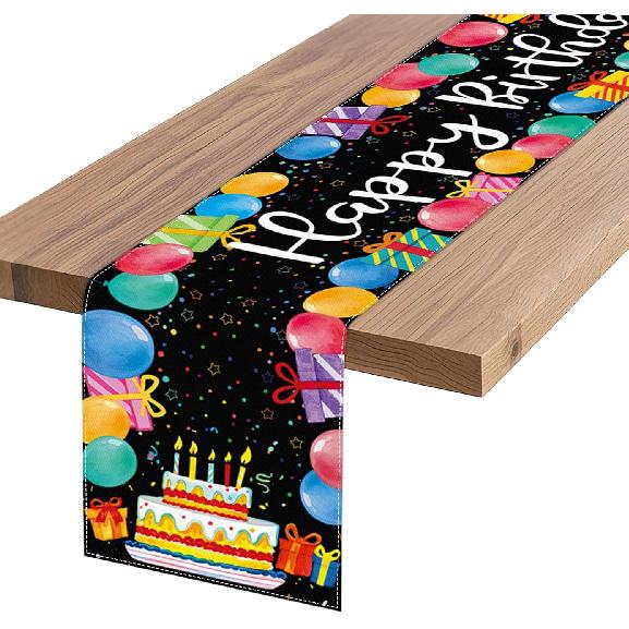 Black Happy Birthday Table Runner, Colorful Balloon Kitchen Dining Table Decoration Festive Balloon Design for Birthday Party Decor 13x72 Inch