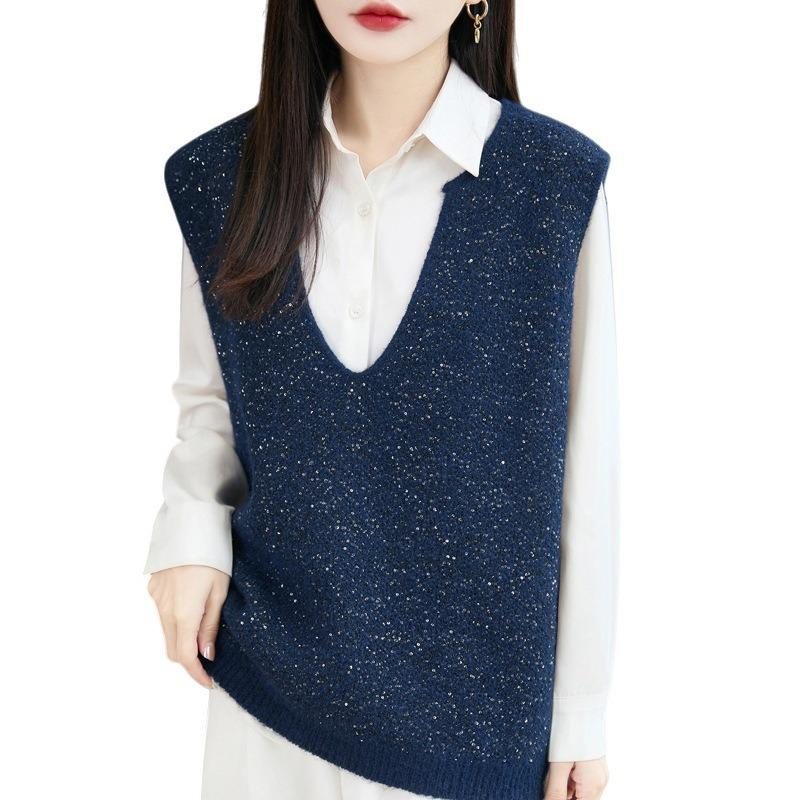 French Style V Neck Sequin Sleeveless Knit Vest Women Casual Layering Top