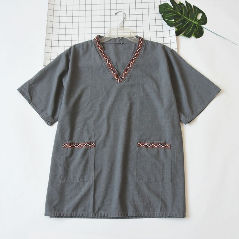 

Label Cutting Plus Size Summer Men and Women Woven Cotton V Neck Short Sleeve Pajamas Moisture-Wicking Clothing Comfortable Loose Homewear Tops Grey 3XL