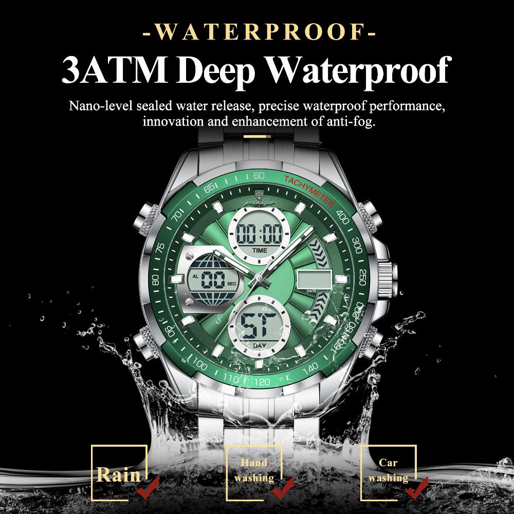 POEDAGAR Clock Waterproof Electronic LED Luxury Watches Dual Time Display Digital Stainless Steel Quartz Watch