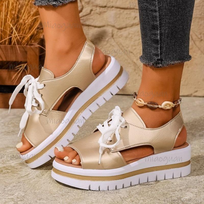 Fashion Thick Bottom Size36-43 Casual Sandals Women Summer Shoes Open Toe Lace-up Beach Wedges Middle Heel Sandales Sandalias Mujer