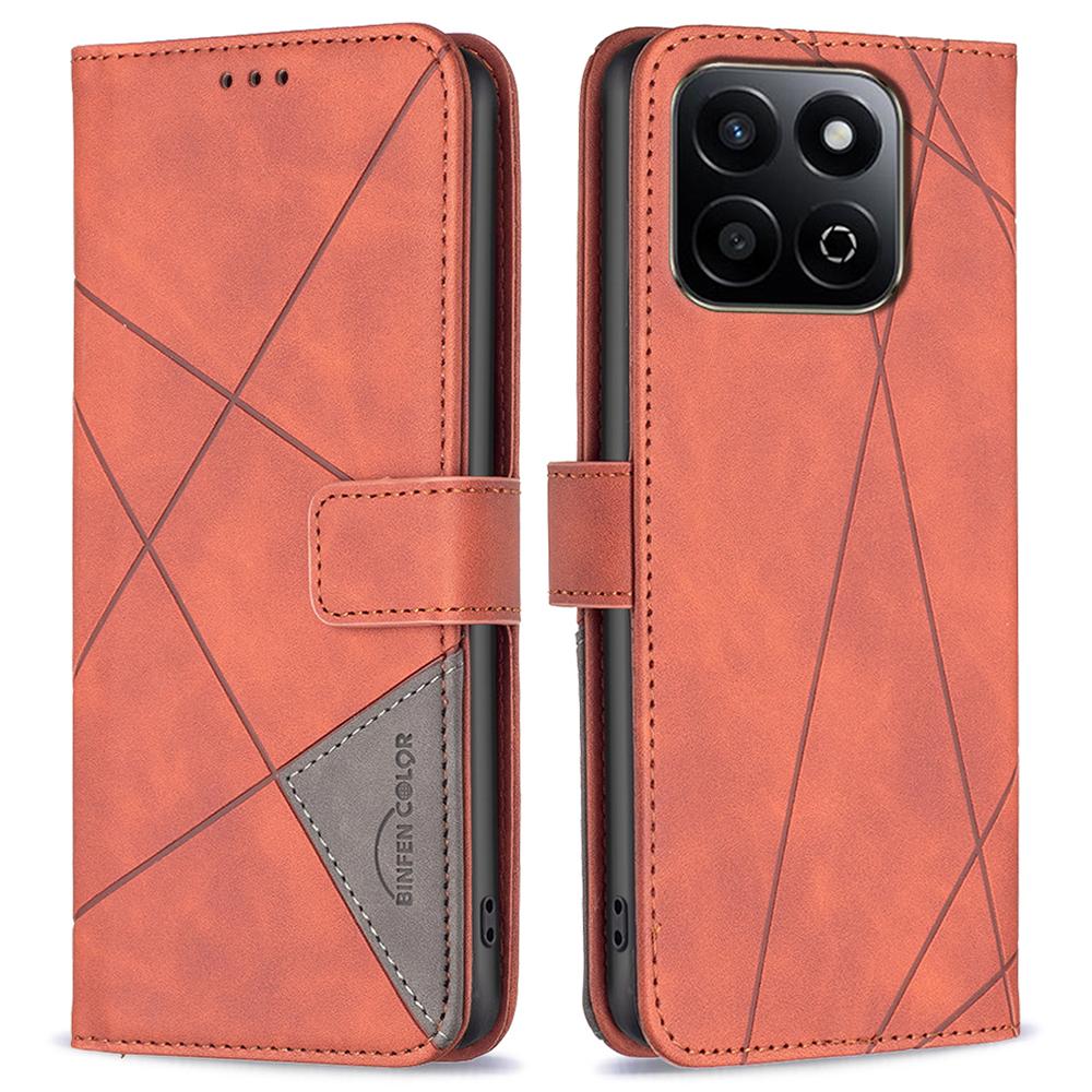 

BINFEN COLOR For Honor X7c 4G/200 Smart 5G Phone Cases Wallet Stand Geometry Imprinted Leather Cover Brown