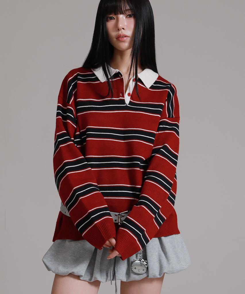 LIKE THE MOST Oversized Multi-Stripe Rugby Collar Knit_Wine