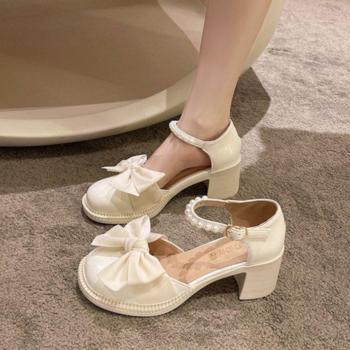 2025 New Luxury Women's Exquisite Small Leather Shoes with Butterfly Knot Pearl Baotou Mary Jane Casual Coarse Heels High Heels