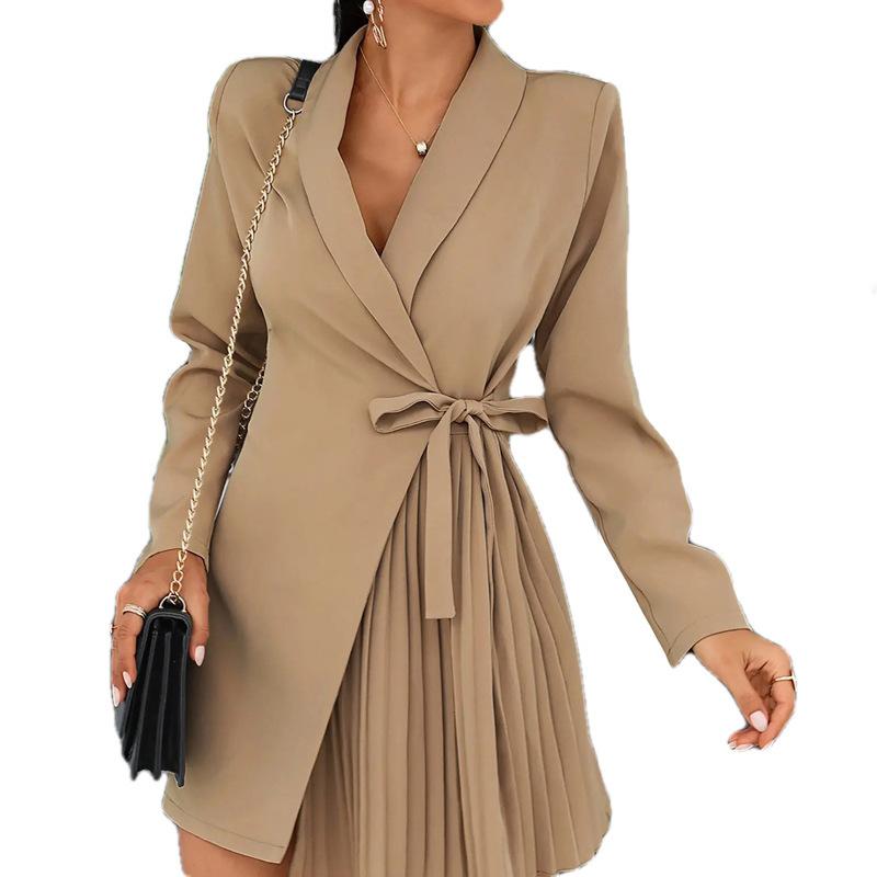 Women's INS Temperament Elegant Long-sleeved Lace-up Pleated High-waist Dress V-Neck Pleated Blazer Dress, Commuter Sexy Mini Skirt