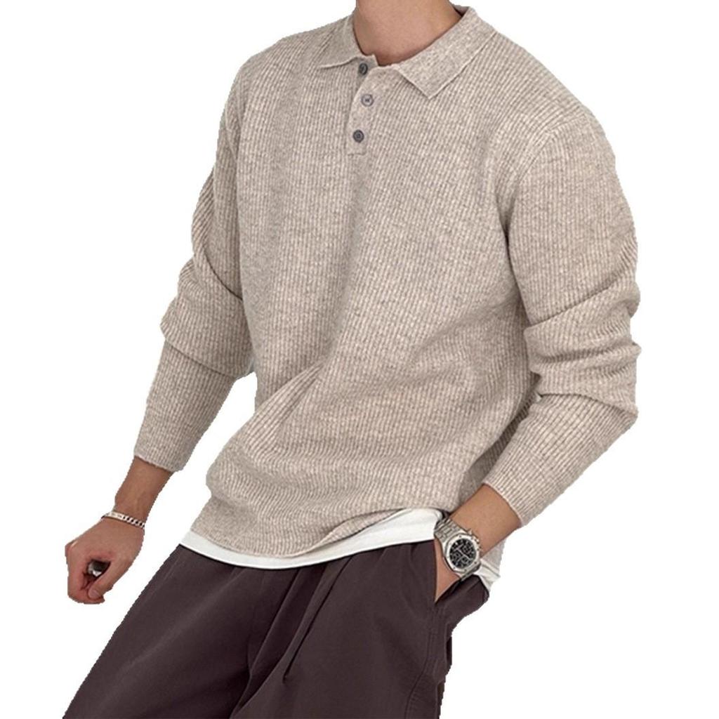 Apricot Retro Polo Collar Men's Sweater - Autumn/Winter Knitwear, Old Money Style Lapel Knit Top