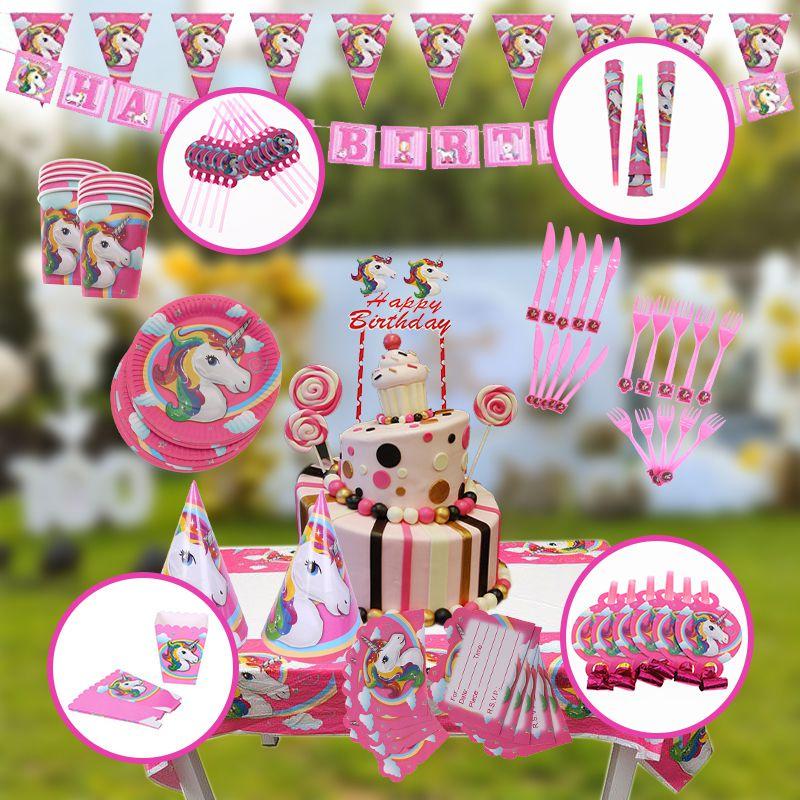 Birthday Kids Unicorn Party Supplies Tableware Plates Cup Fork Tablecloth Banner