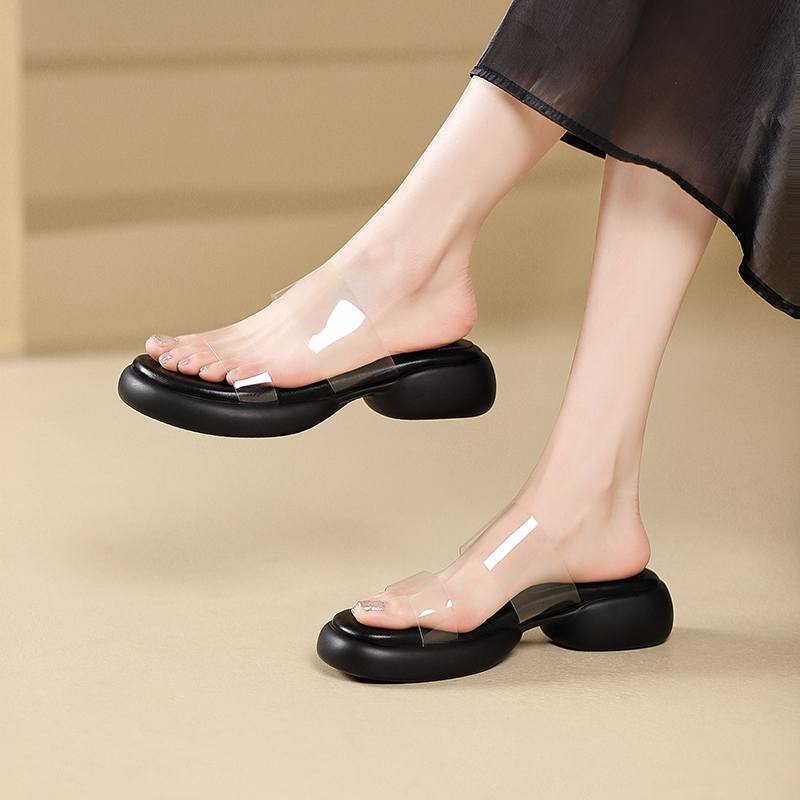 Krazing Pot Mules Natural Leather PVC Peep Toe Thick Heels Summer Shoes Size 42 Platform Women Sandals