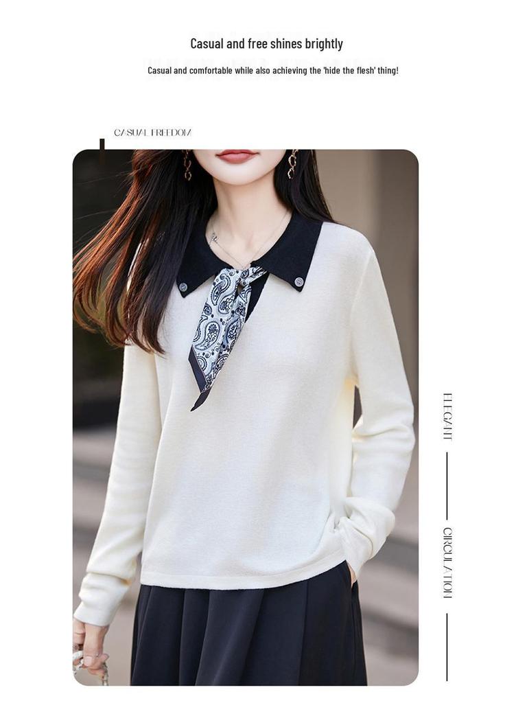 Herbst Seidenschal Wollstrickjacke: Eckiger Ausschnitt, Polokragen, Puffärmel, Strickpullover für einen jugendlichen Look