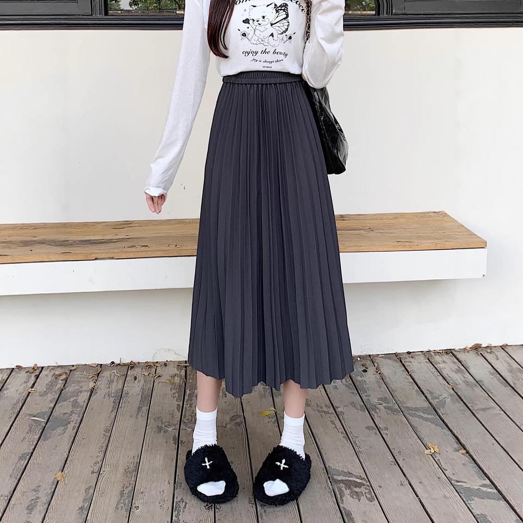 Korean Style Plus Size Pleated Midi A-line Skirt with High Waist Elastic