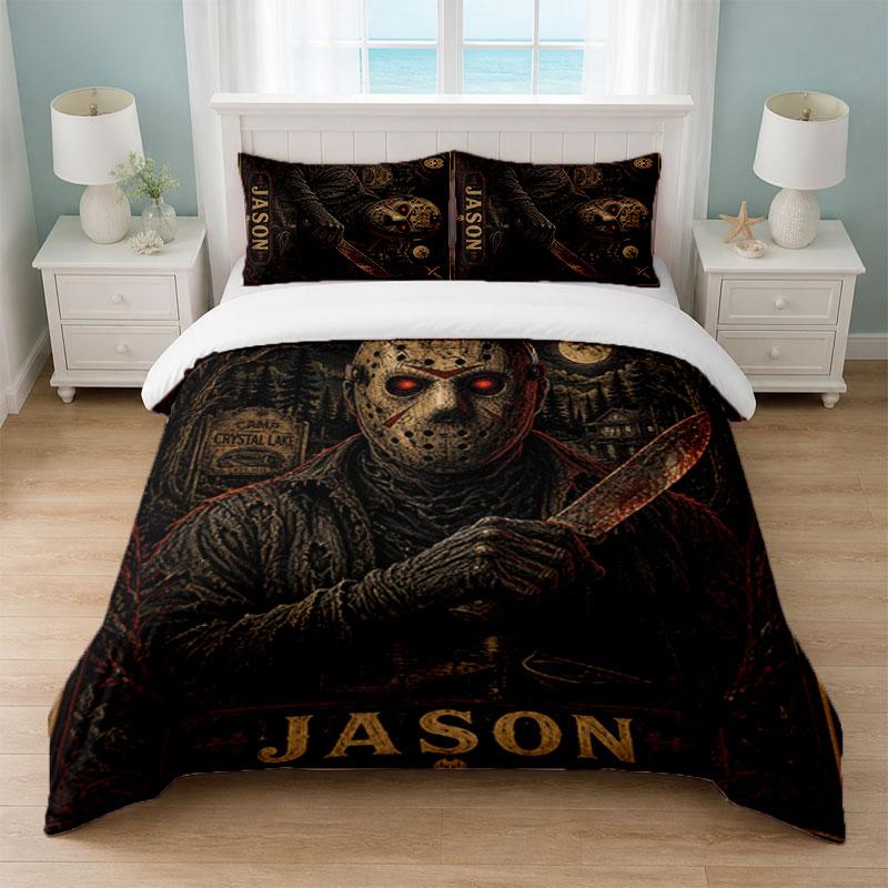 Freitag der 13. Jason Voorhees Schlafzimmer 3-teiliges Bettwäsche-Set Weiches Bettlaken Kissenbezüge Heim-Bettwäsche Dekoration