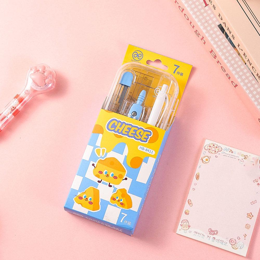 7PCS/Set Plastic Ruler Compasses Set Straight Ruler Set Square Stationery Ruler Set Propelling Pencil Drawing Tool Students
