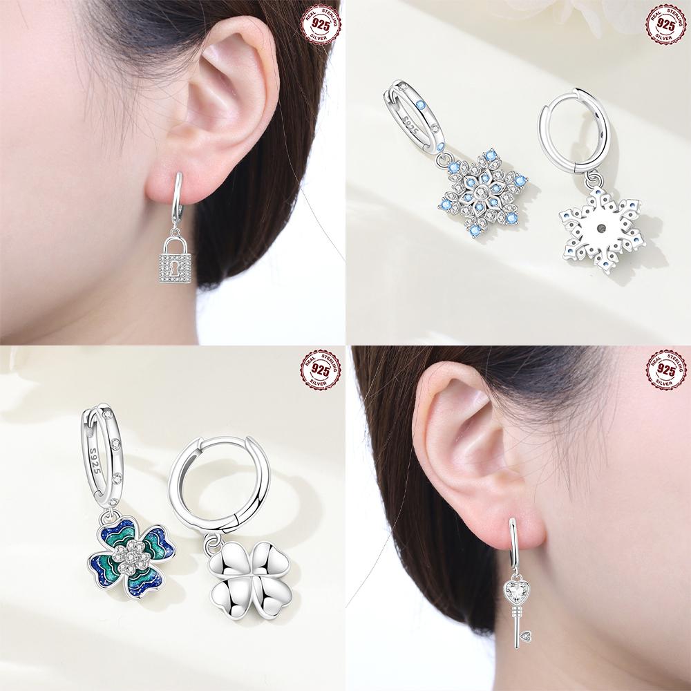 Authentic copper Fourleaf Shamrock Colored Earring Blue Zircon Snowflake Key Lock Earring Jewellery Fine Anniversary Gift Set