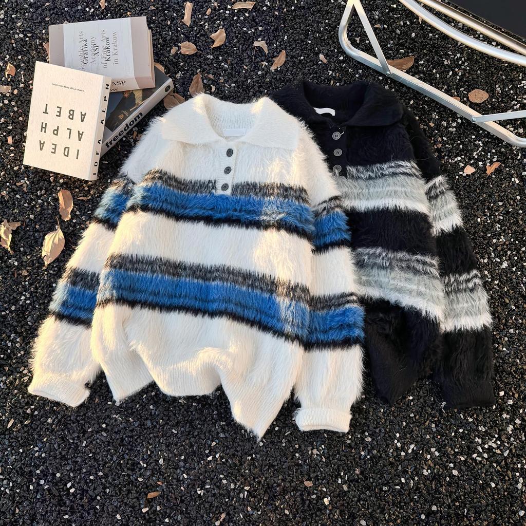 Unisex Striped Polo Collar Sweater - Trendy Autumn/Winter Knitwear for Men & Women