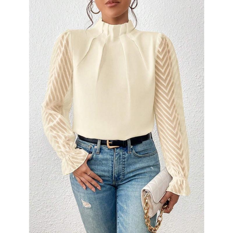 Women S Half High Neck Wavy Chiffon Long Sleeve Loose Blouse
