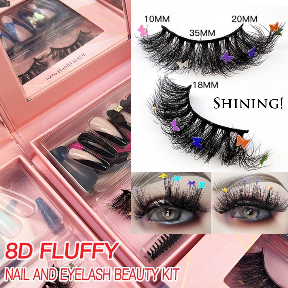 

Wispy Handmade Flase Eyelashes Fake Nials Set Butterfly Sequins Decorative Lashes Messy 8D Fluffy