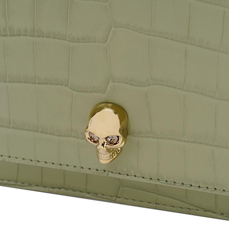 New Alexander McQueen Embossed Crocodile Pattern Cow Leather Crossbody Bag, Shoulder Bag Trumpets Women's Green 613088-1HB0G-3847