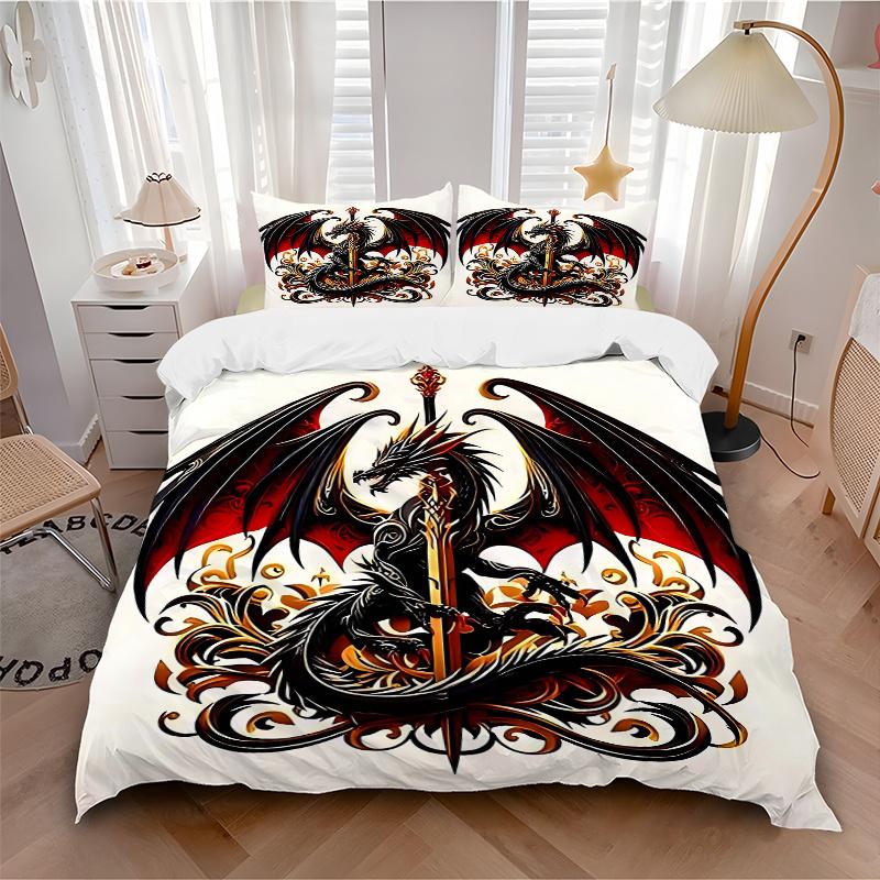 3pcs Black Dragon with Sword Print Cover Set Ultra Soft, Breathable, and Comfortable Bedding with Stylish Design for Bedroom and Guest Room Decor
