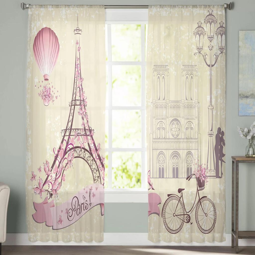 France Paris Tower Hot Air Balloon Bicycle Retro Tulle Curtains for Living Room Drapes Window Sheer Curtains for Bedroom Decor