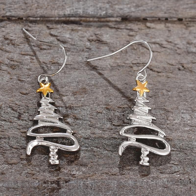 1Pair Simple Stylish Christmas Tree Shaped Hanging Earrings For Women Metal Style Yellow Star Exquisite Female Party Jewelry
