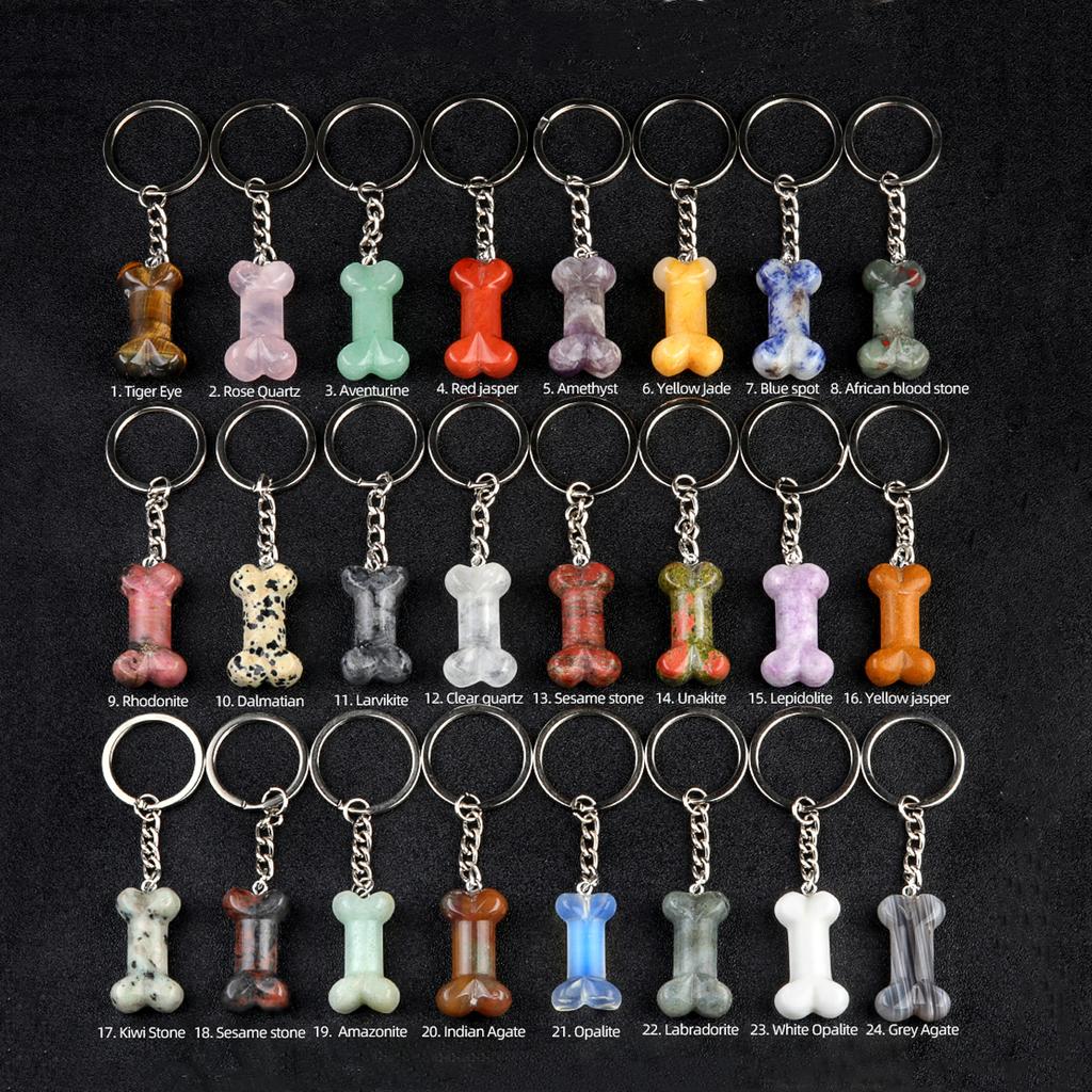 1Pc Reiki Healing Natural Stone Keychain Key Finder Bone Shape Crystal Gemstone Pendant Key Chain for Decor Phones, Bag, Halloween Gifts 20×34 Mm