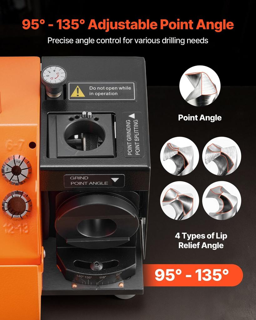 Drill Bits Sharpener MR-13B, 3-15mm Drill Bit Grinder Sharpener with Adjustable Lip Relief Angle & 95°-135° Point Angle, 4600RPM High Speed