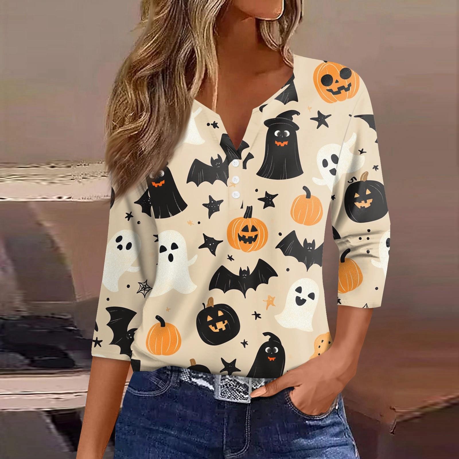 

Женская футболка Футболка Хэллоуин Принт Пуговица Рукав 3/4 Туника Повседневная Мода Выходного дня Базовая V-образный вырез Обычный топ XXL бежевый
