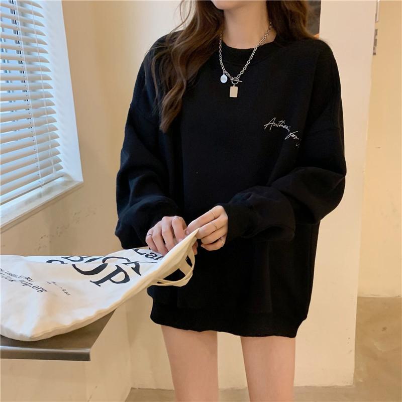 Women Hoodies Harajuku Plus Velvet Thickened Long-sleeved Sweater Women's Autumn and Winter Round Neck Loose Letter Sweater