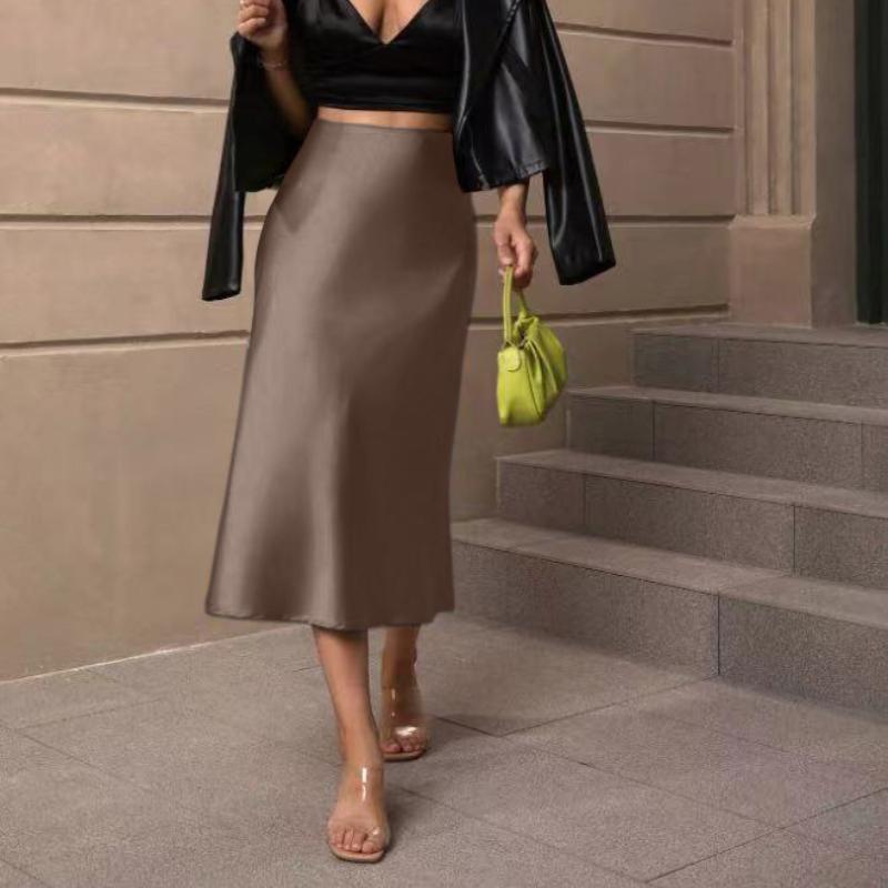 Solid Casual Loose Fishtail Skirt Women Fashion Elegant Slim Fit Satin Loose Skirts for Women Spring and Summer A Line High Waist Woman Skirt 26441