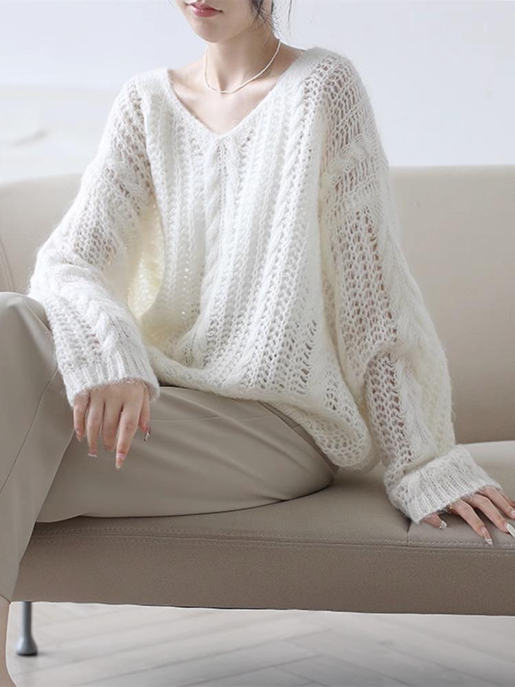 Women's Soft Mohair V-Neck Sweater - French Style, Lightweight Spring Knitwear