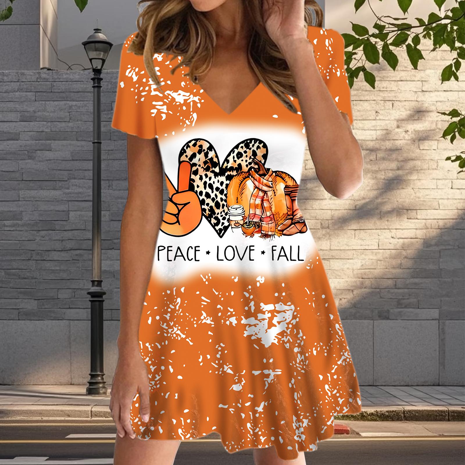 

Летняя мода женские V-образный вырез короткий рукав тыква узор печатное платье сексуальные короткие юбки платья 8XL оранжевый