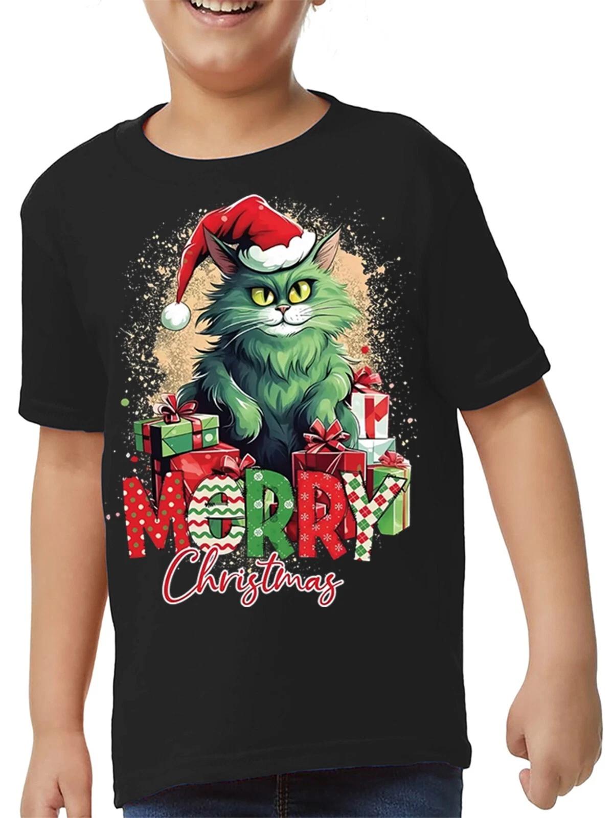 CHRISTMAS CAT KIDS T-Shirt Novelty Funny Santa Gift Kids Xmas Tshirt Joke 120