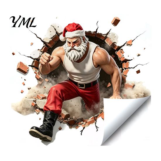 Seasonal Window Decorations Muscle Santa Claus Break Through Wall Christmas Decal, 3D Cracked Brick Gift for Friends Self?Adhesive Sticker,