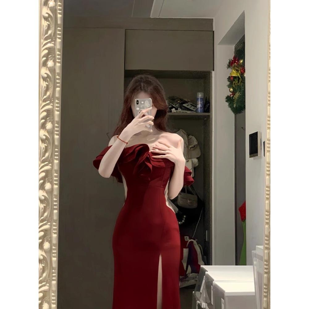 Festival robe, evening dress, high-end celebrity temperament, banquet toast dress, one-word shoulder dress, women