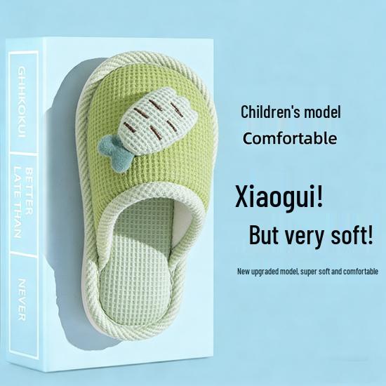 Kids' Radish Rabbit Non-Slip Slippers - Silent Cartoon, Breathable, Linen, Autumn Winter Indoor Shoes for Girls & Parent-Child Matching