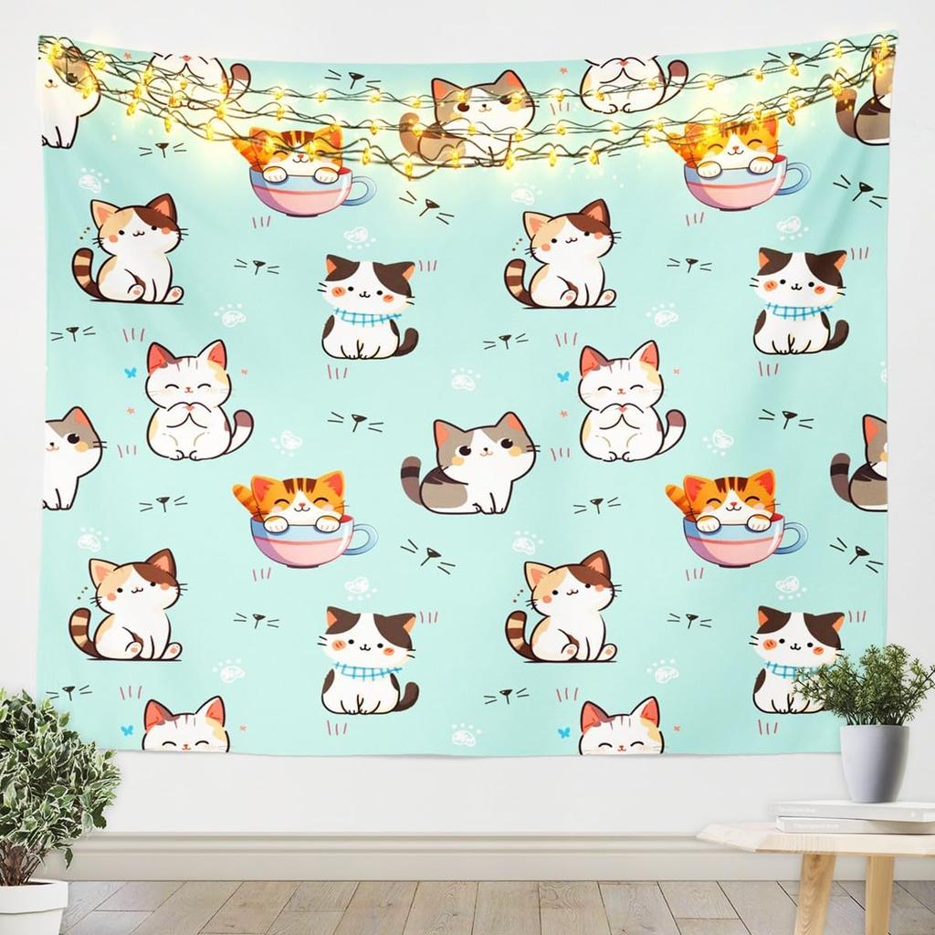 Kawaii Cat Tapestry, Adorable Cartoon Kitten Design With Cats In Cups And Pastel Blue Background Wall Art For Room Decor