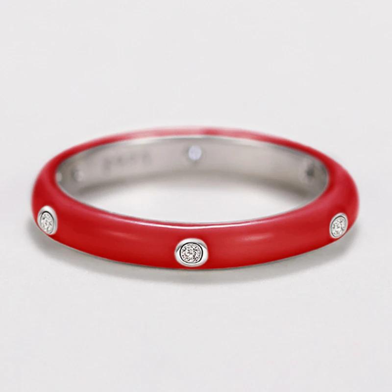 925 Silver Plated Dainty Colorful Enamel Ring Female Fashion Finger Accessories With Shiny Crystal Party Jewelry For Daily Gift
