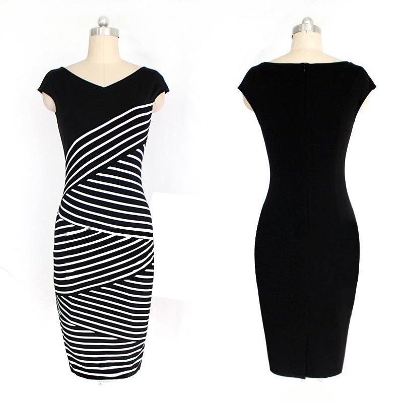 Womens Elegant Summer V Neck Stripe Bodycon Pencil Dress Perfect For Office And Party Wear