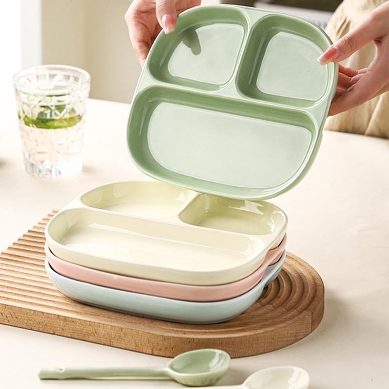 8 Inch Weight Loss Ceramic Dividing Plate for Adults Three Compartments Fixed Quantity Tableware Simple Solid Children Dish