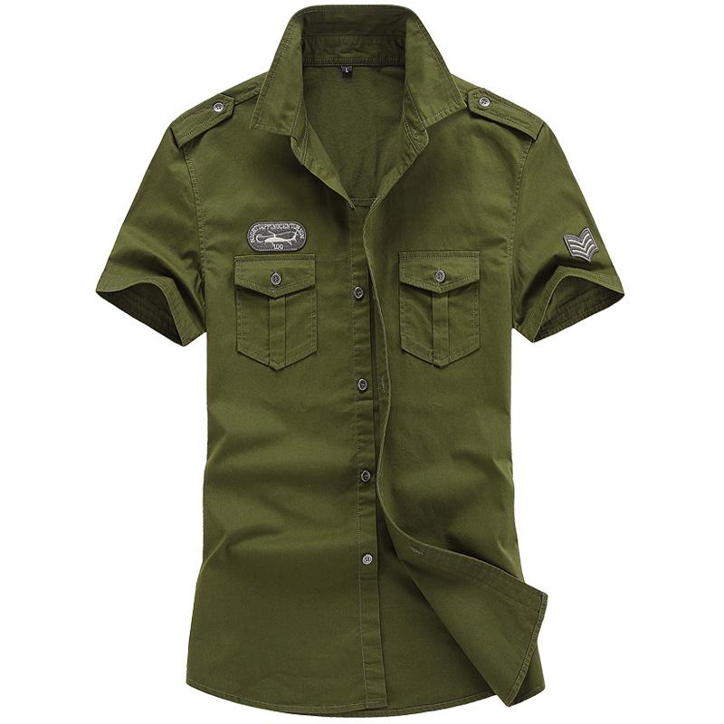 2019 Men's Plus Size Summer Outdoor Casual Cotton Workwear Shirt with Shoulder Epaulets