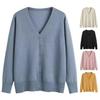 Women Long Sleeve V Neck Knitted Cardigan Solid Color Ribbed Trim Warm Sweater Coat Single Breasted