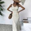 Women's V Neck Sleeveless Knit Midi Dress Slim Fit Elastic Waist Elegant Solid Hollow Out Beach Dress