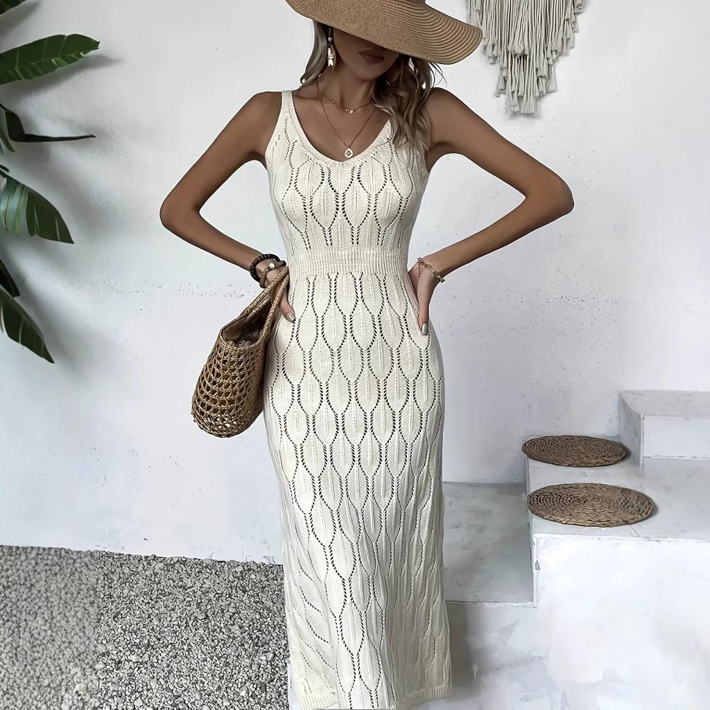 Women's V Neck Sleeveless Knit Midi Dress Slim Fit Elastic Waist Elegant Solid Hollow Out Beach Dress