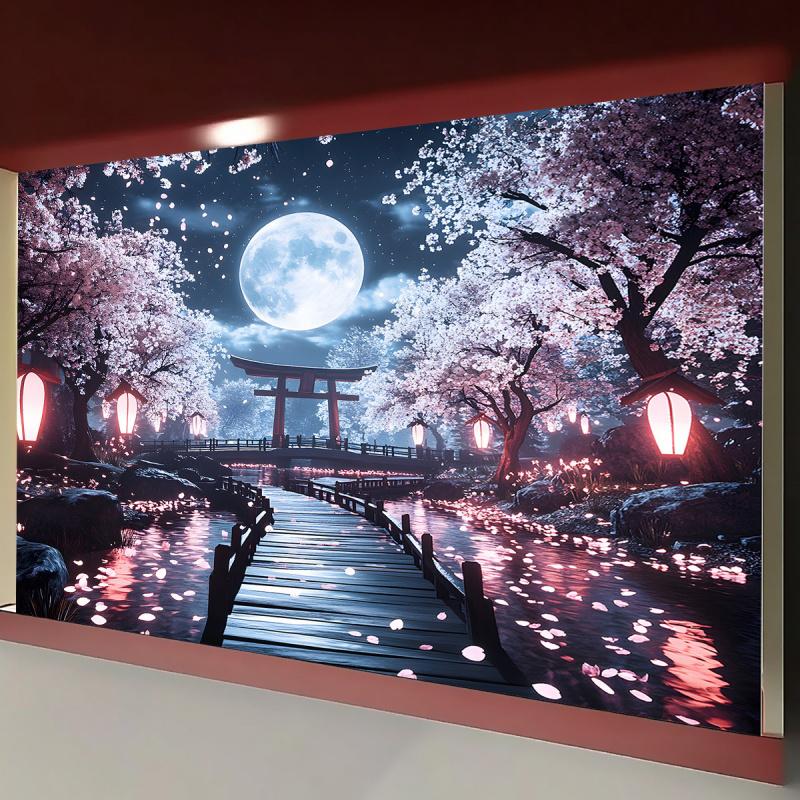 VIKAMA Japanese Cherry Blossom Tapestry Full Moon Torii Gate Wall Hanging for Bedroom Living Room Dorm Asian Decor