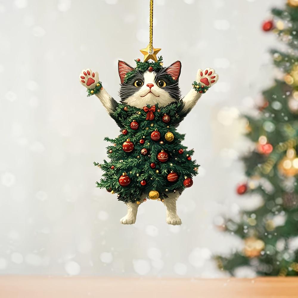 Acrylic flat 2D cute kitten pendant dressed as a Christmas tree can be used for bags,keychains, rearview mirrors Christmas trees and other decorations