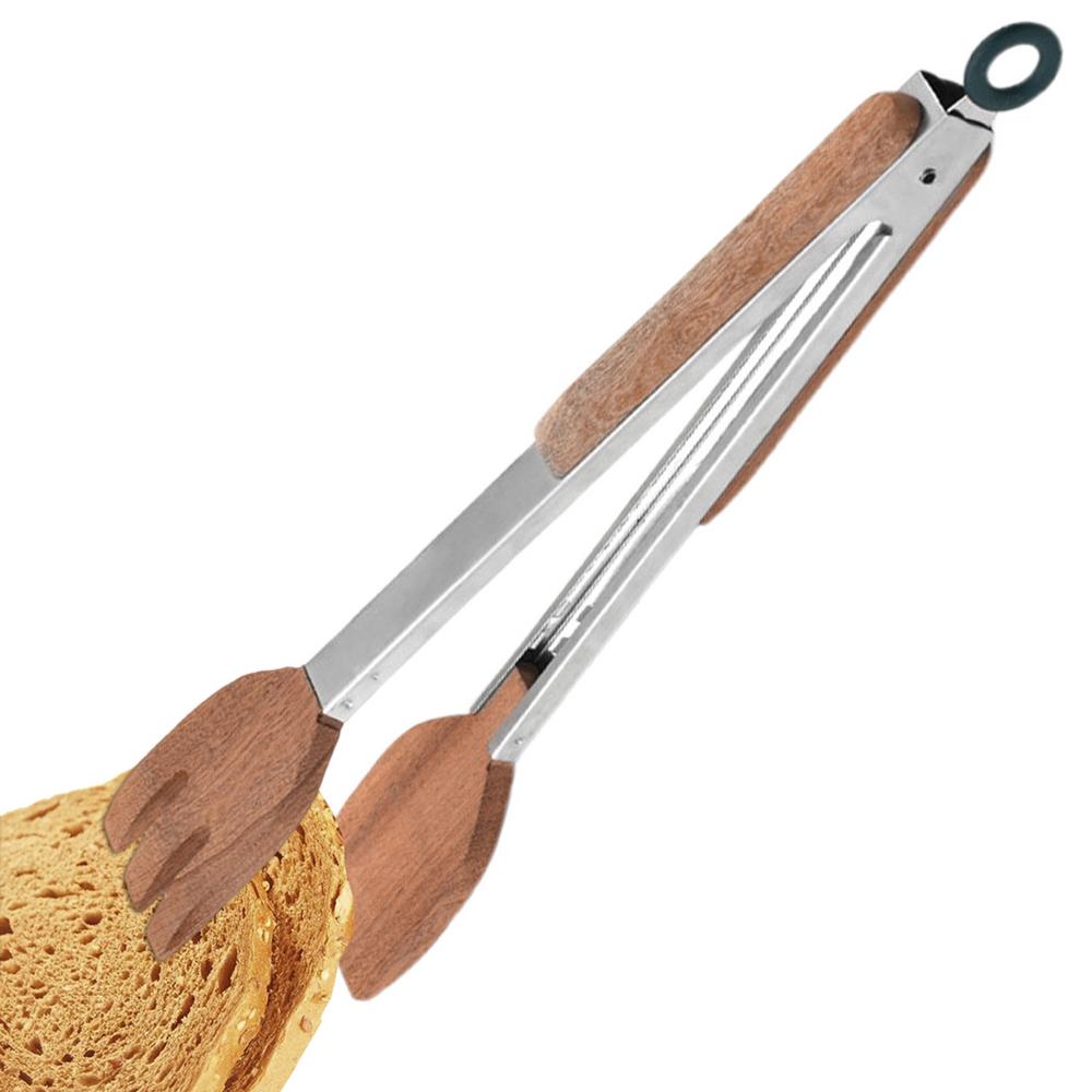 

304 Stainless Steel Food Tongs, Heavy Duty Kitchen Tongs with Wooden Handle for Cooking, Grilling and BBQ, 12.2Inch Length