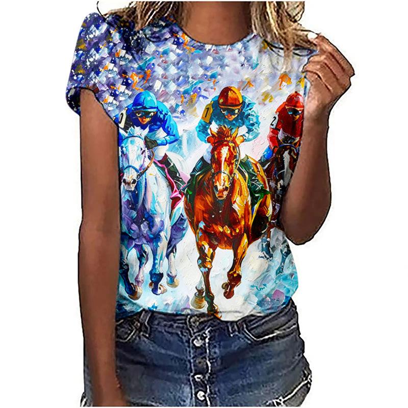 Summer Comfortable Soft Short Sleeved T-shirt Colorful Horse Riding Pattern Print Fashionable Relaxed Women's T-shirt